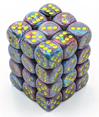 Chessex 12mm d6 Tärningar med Pips - Festiv Mosaik/Gul (36 Tärningar) Chessex