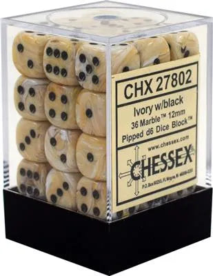Chessex Signature 12mm d6 med pips Tärningsblock (36 Tärningar) - Marmor Ivory med svart Chessex