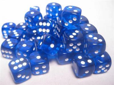 Chessex Translucent 12mm d6 Dice Blocks - Blå med Vita Pips (36 Dice) Chessex