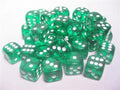 Chessex Translucent 12mm d6 med pips Tärningsblock (36 tärningar) - Grön med vit Chessex