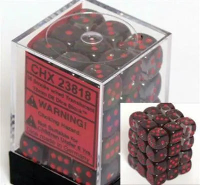 Chessex Translucent 12mm d6 med Pips Tärningsblock (36 Tärningar) - Rök med Röd Chessex