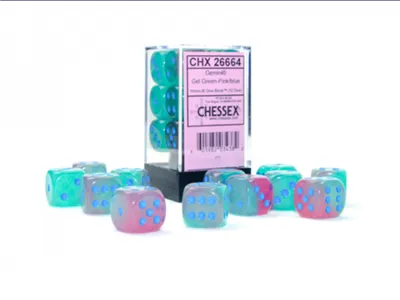 Gemini 16mm d6 Gel Grön-Rosa/Blå Luminary Tärningsblock (12 tärningar) Chessex