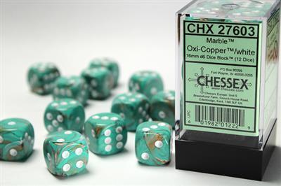 Chessex 16mm d6 Dice Blocks (12 Dice) - Marble Oxi-Copper/White Chessex