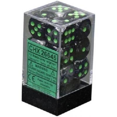 Chessex Gemini 16mm d6 med Pips Dice Blocks (12 Dice) - Svart-Grå med Grön Chessex
