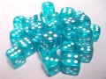 Chessex Translucent 12mm d6 med pips Tärningsblock (36 Tärningar) - Teal med vit Chessex